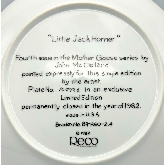 RECO John McClelland 1982 Mother Goose Little Jack Horner 8" Plate w Box & COA - Picture 3 of 9
